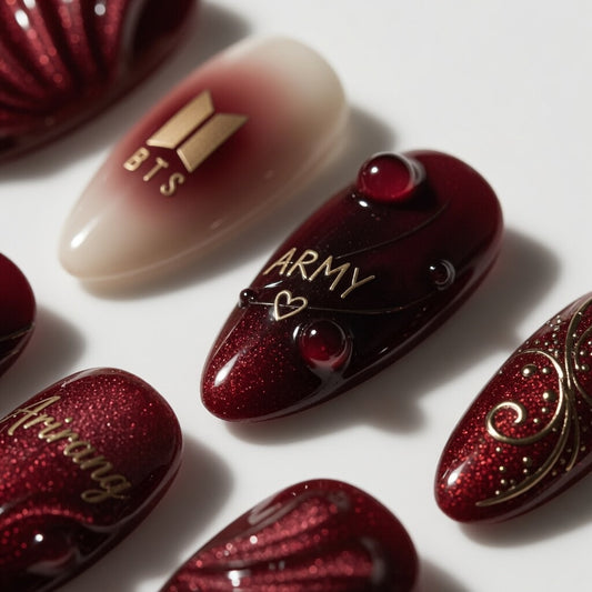 BTS-red-luxury-3D-gem-arirang-press-on-nails
