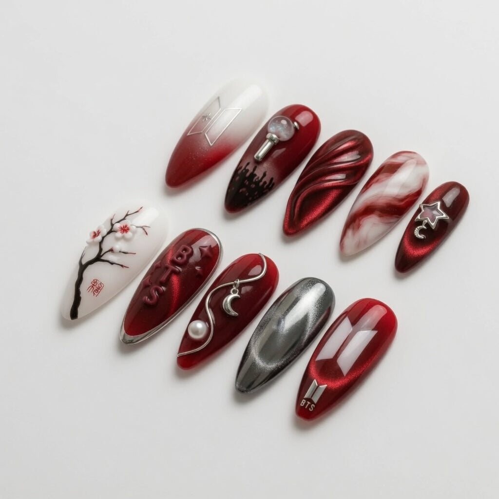 BTS-red-pearl-3D-fan-art-nails