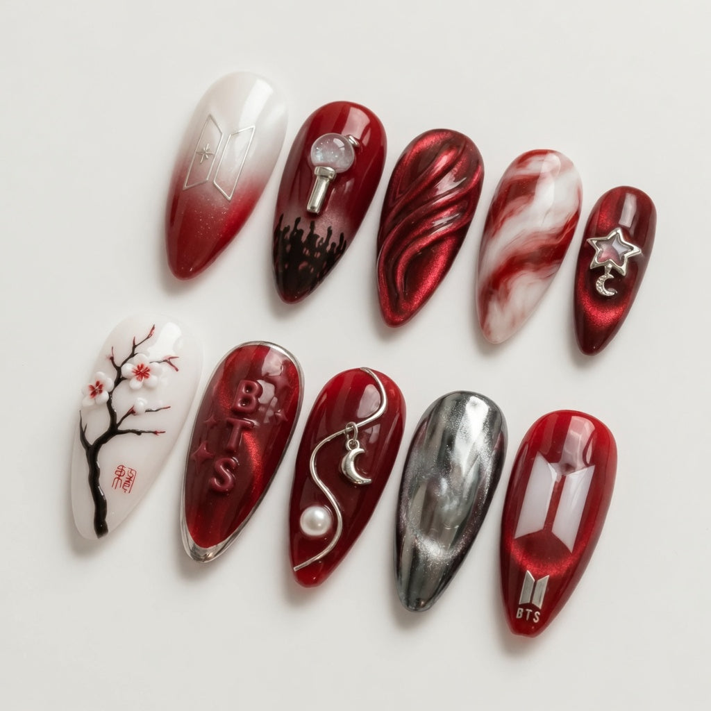 BTS-red-pearl-3D-fan-art-press-on-nails