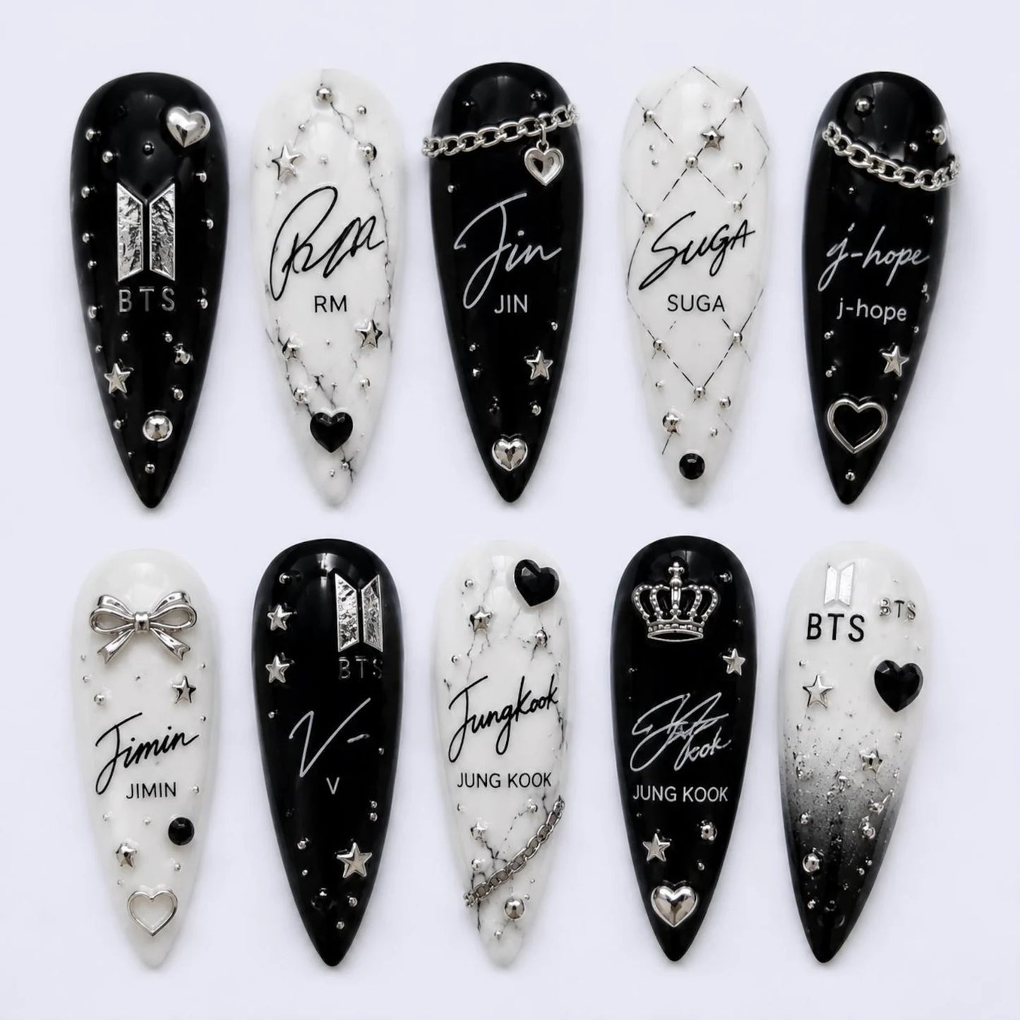 Set of black and white nail art designs with BTS names