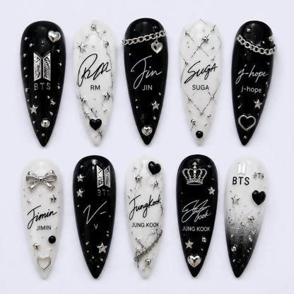Set of black and white nail art designs with BTS names