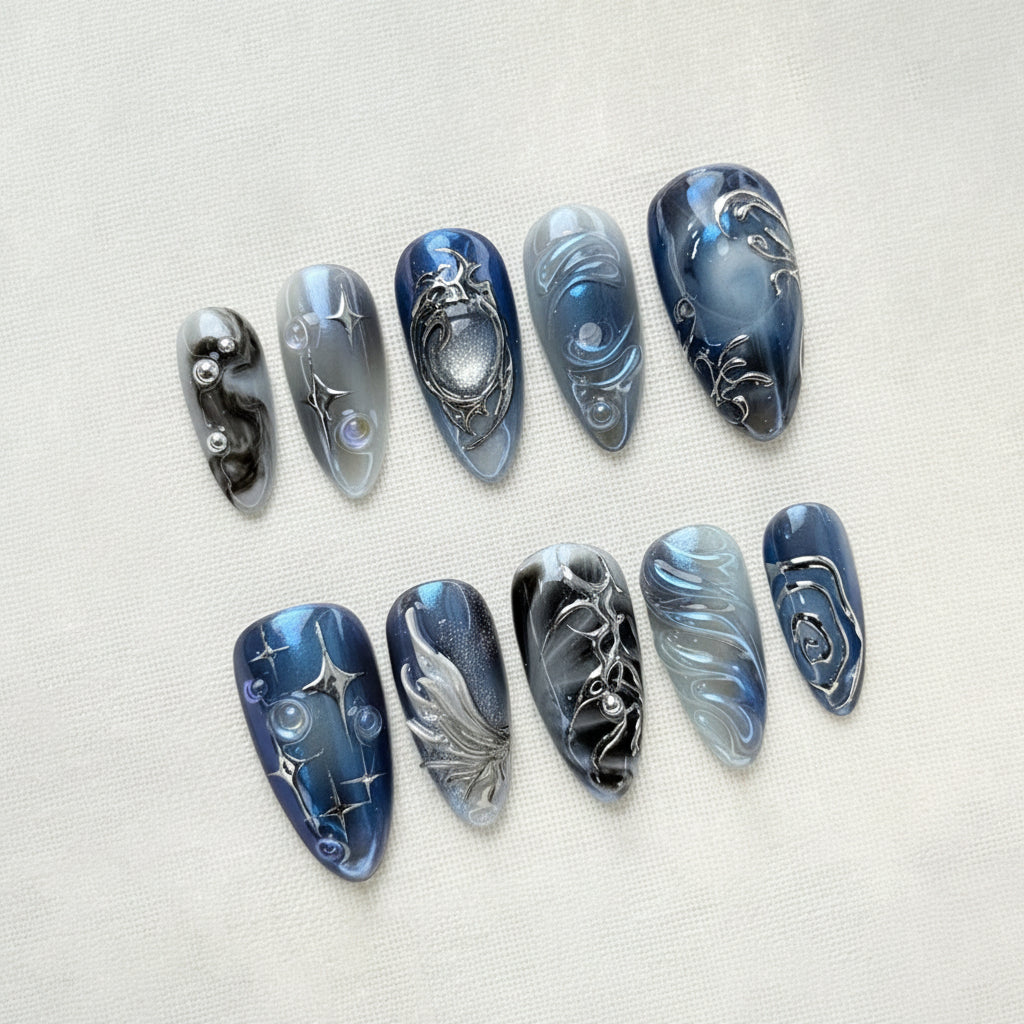 Dark-Blue-Gothic-nails-handmade