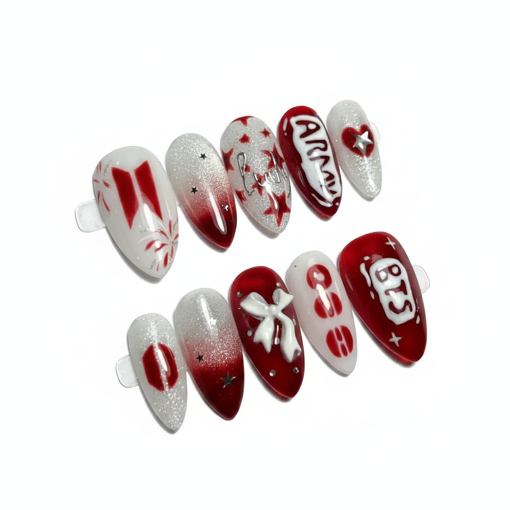 Nail art design set with red, white, and silver patterns on a 'Nail Box' packaging.