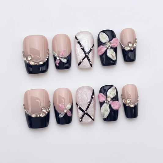 black-french-flower-bow-see-my-nails