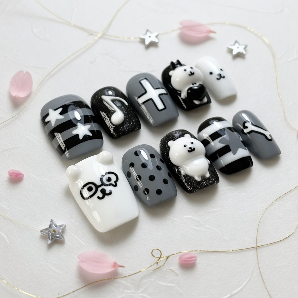 black-white-bear-star-press-on-nails