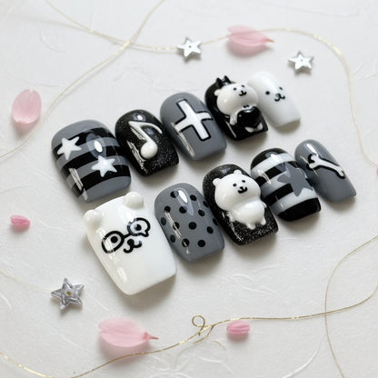 black-white-bear-star-press-on-nails