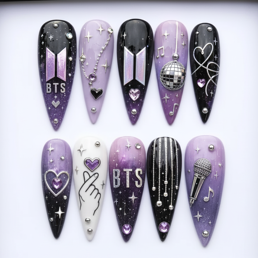Set of decorative nails with BTS designs in a box