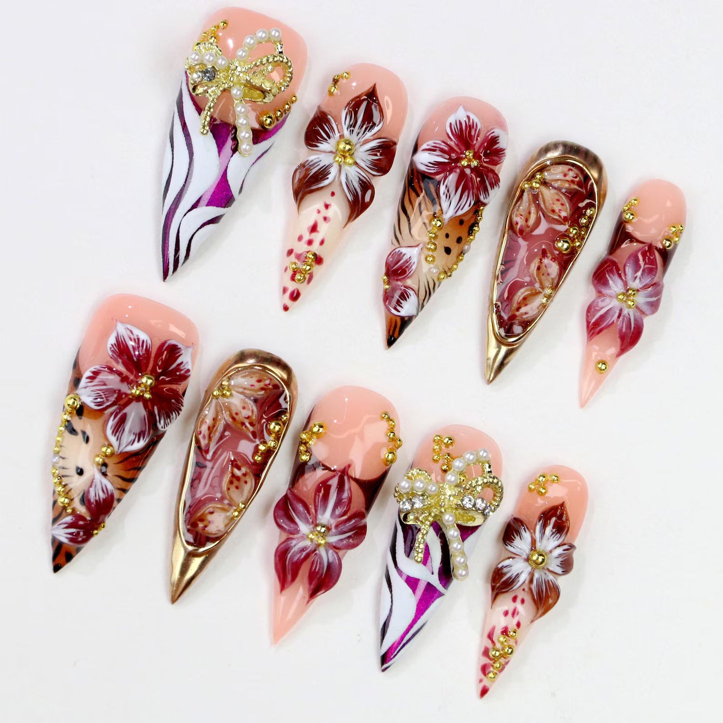 burgundy-pearl-bow-floral-party-nails