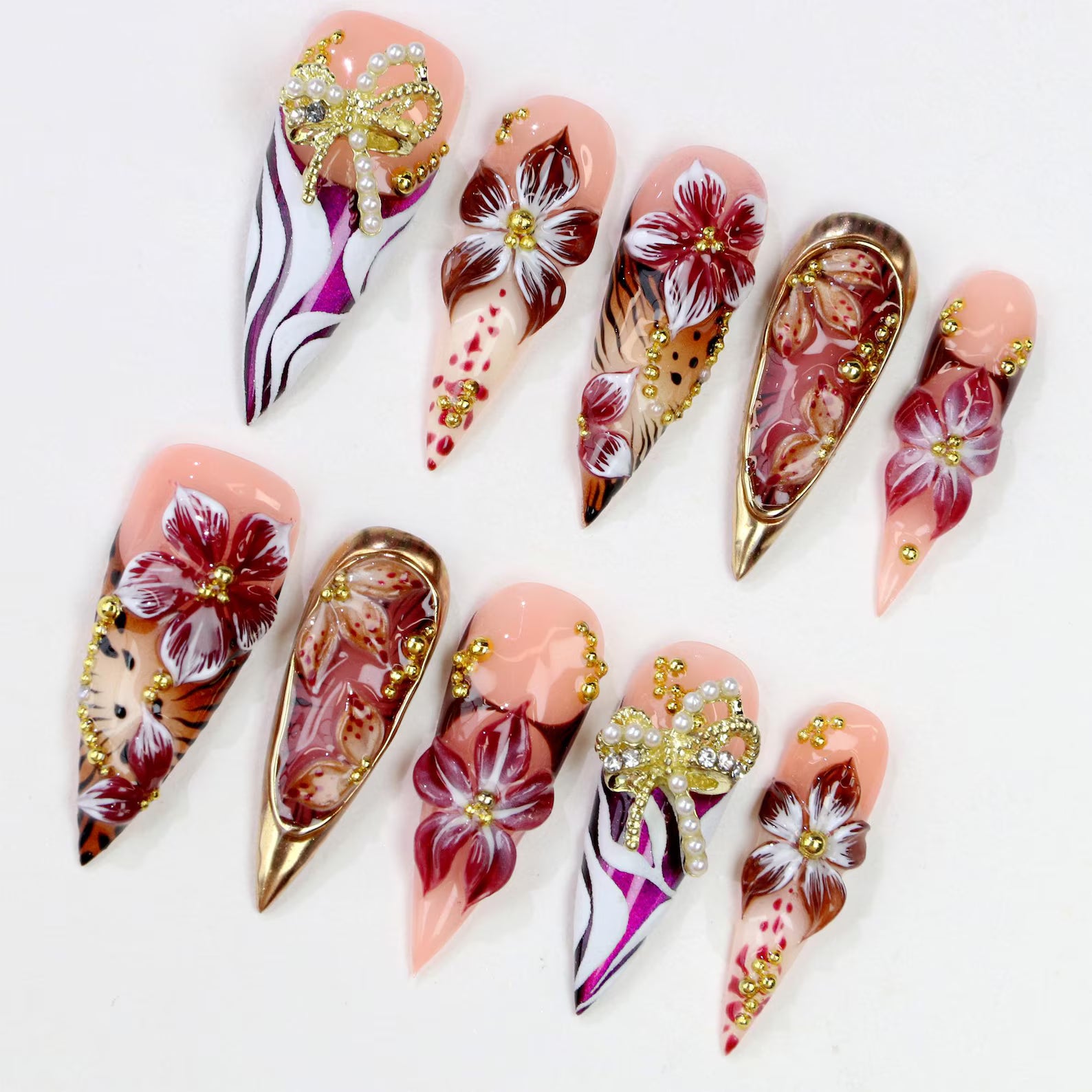 burgundy-pearl-bow-floral-party-nails