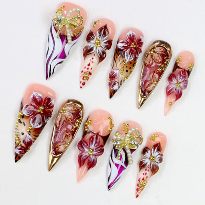 burgundy-pearl-bow-floral-party-nails