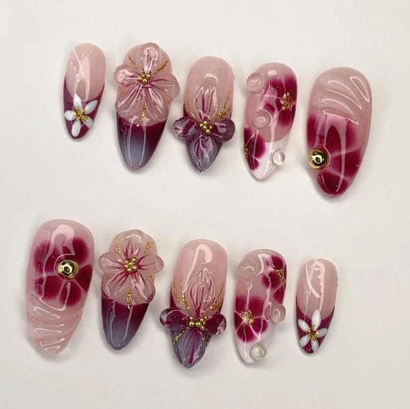 burgundy-pink-3D-floral-glass-nails-press-on