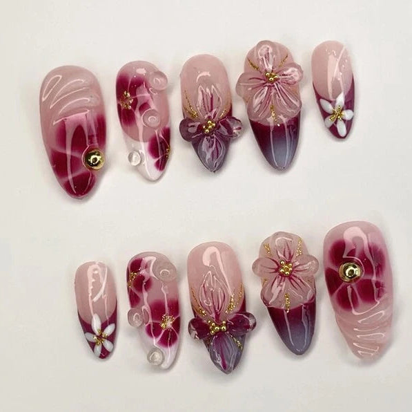 burgundy-pink-3D-floral-glass-nails
