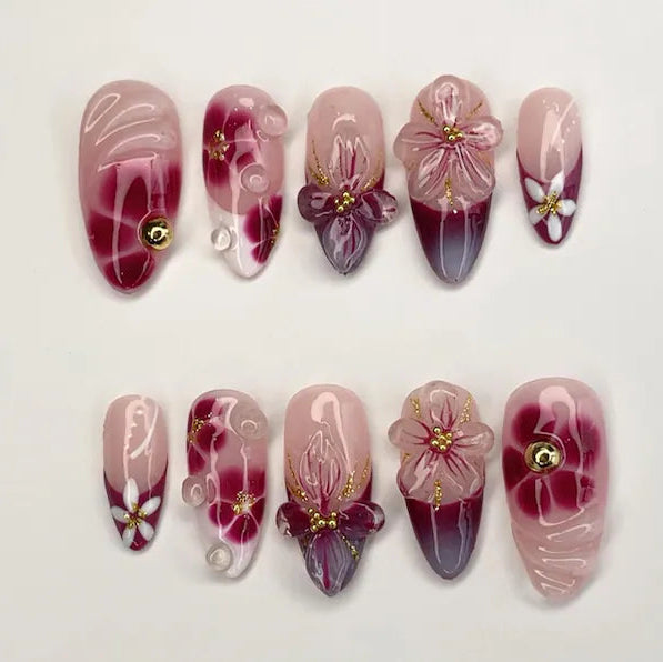 burgundy-pink-3D-floral-glass-see-my-nails