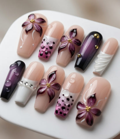 burgundy-purple-flower-party-nails