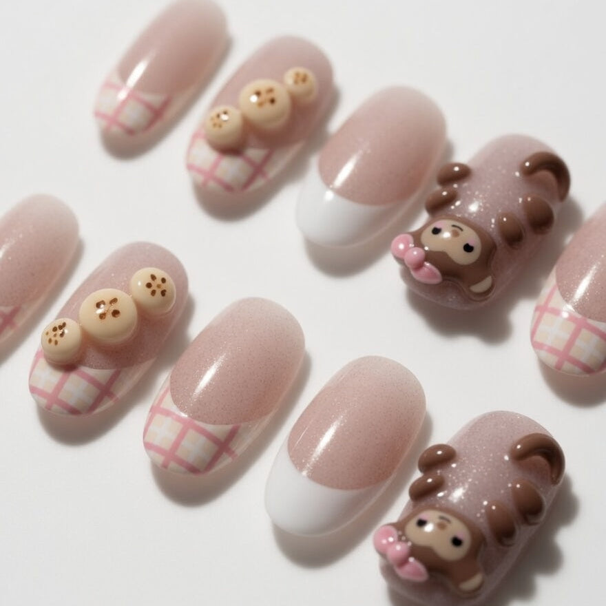 cute-monkey-pink-french-tips-press-on-nails