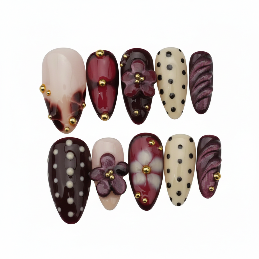 floral-polka-dot-chrome-nails