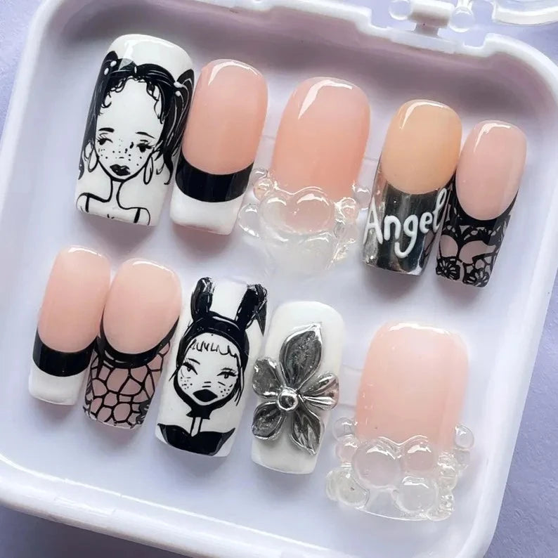 line-art-angel-bubble-press-on-nails