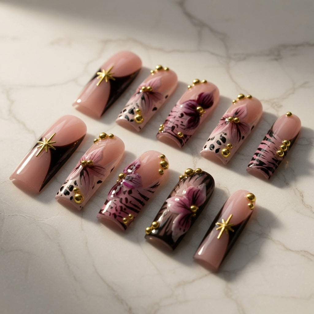 luxury-pink-floral-leopard-square-nails