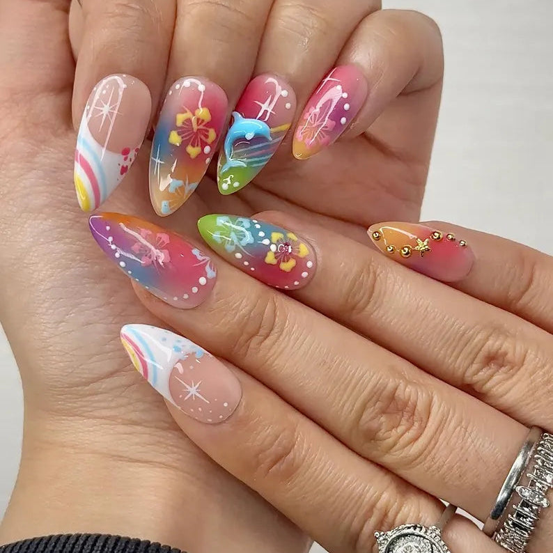 rainbow-tropical-floral-dolphin-press-on-nails