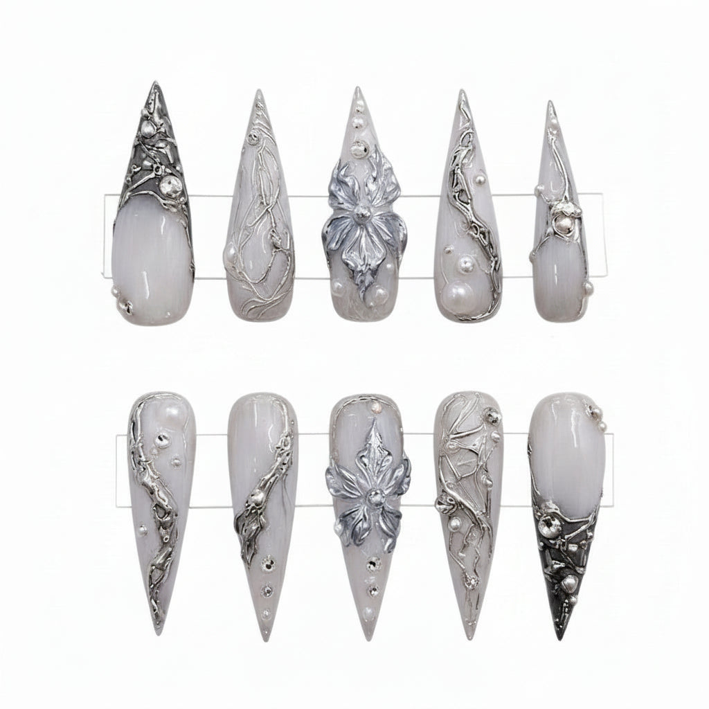 silver-floral-vine-press-on-nails