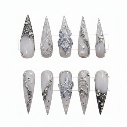 silver-floral-vine-press-on-nails