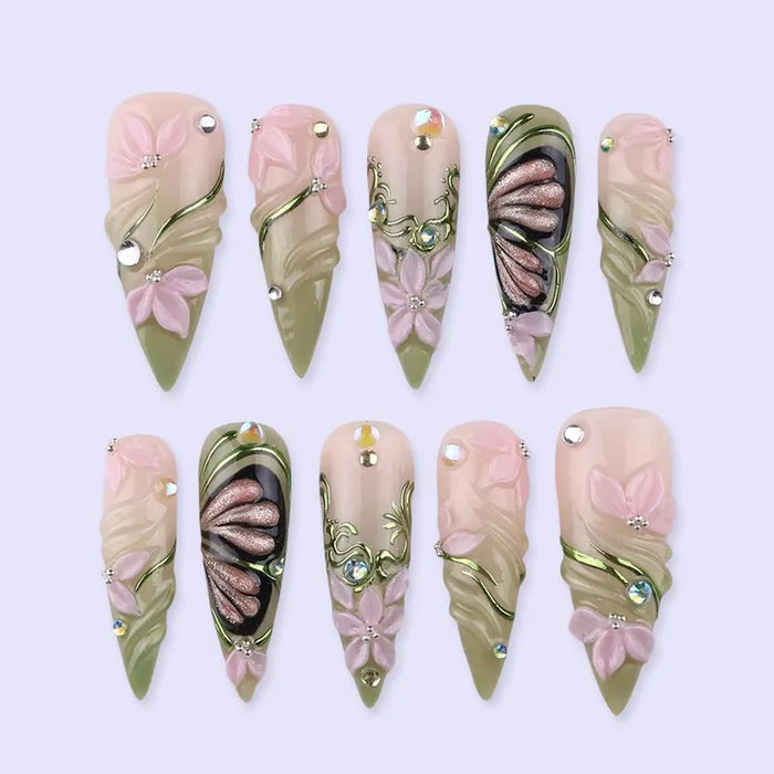 spring-floral-green-swirl-butterfly-nails