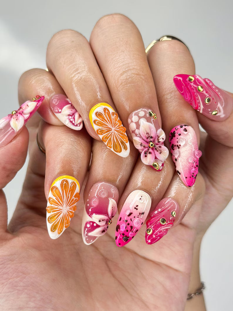 tropical-orange-lily-summer-nails