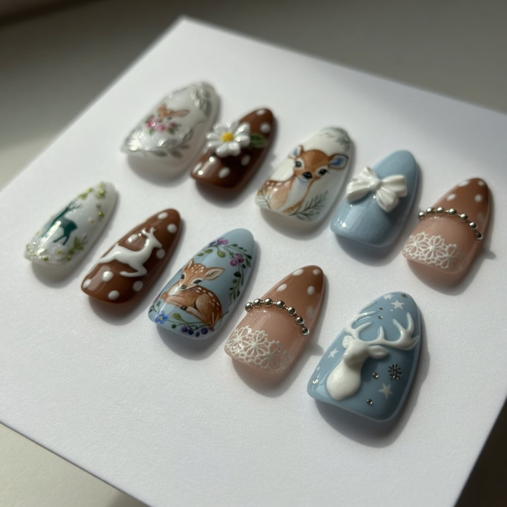 woodland-deer-floral-press-on-nails